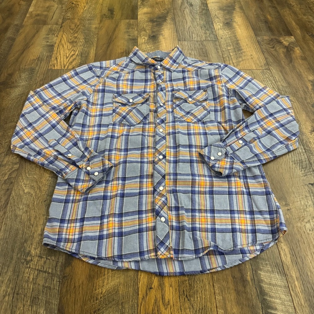 BKE Men's Large Western Flannel Shirt Blue Orange Plaid Pearl Snap Long Sleeve